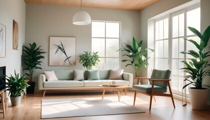 Modern room with a large sunroof, bright sunlight streaming in, sleek furniture in neutral tones, a large green indoor plant in the corner, wooden flooring, and a minimalist decor style
