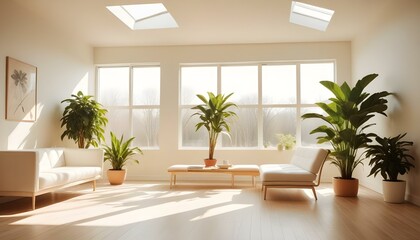 Modern room with a large sunroof, bright sunlight streaming in, sleek furniture in neutral tones, a large green indoor plant in the corner, wooden flooring, and a minimalist decor style