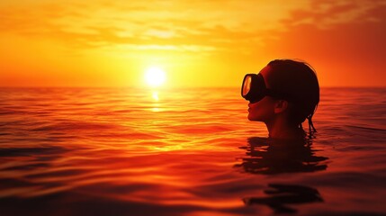 Woman swimming alone in sea at sunset. Woman with diving mask at the top of head watching sun go down