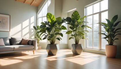Fototapeta premium Modern room with a large sunroof, bright sunlight streaming in, sleek furniture in neutral tones, a large green indoor plant in the corner, wooden flooring, and a minimalist decor style
