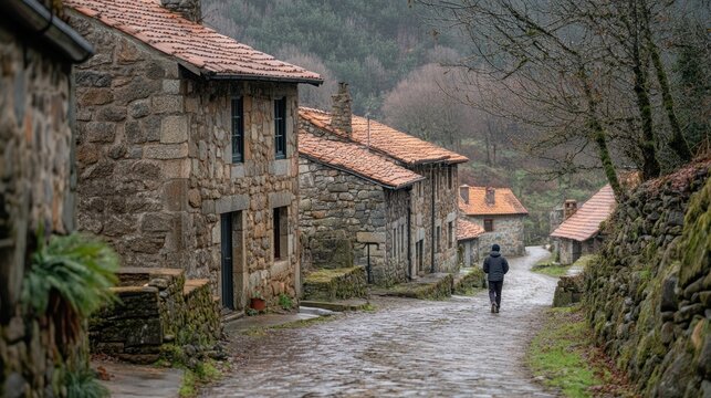 Tranquil pilgrimage pathway in historic village setting surrounded by nature - Powered by Adobe
