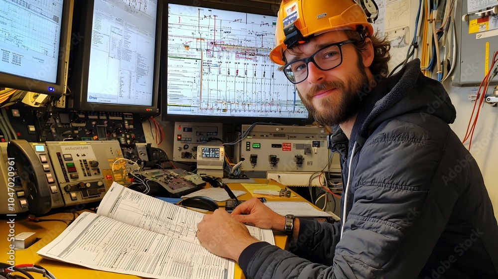 Leinwandbilder nuclear engineer reviewing energy output reports and data analytics in control room of nuclear power