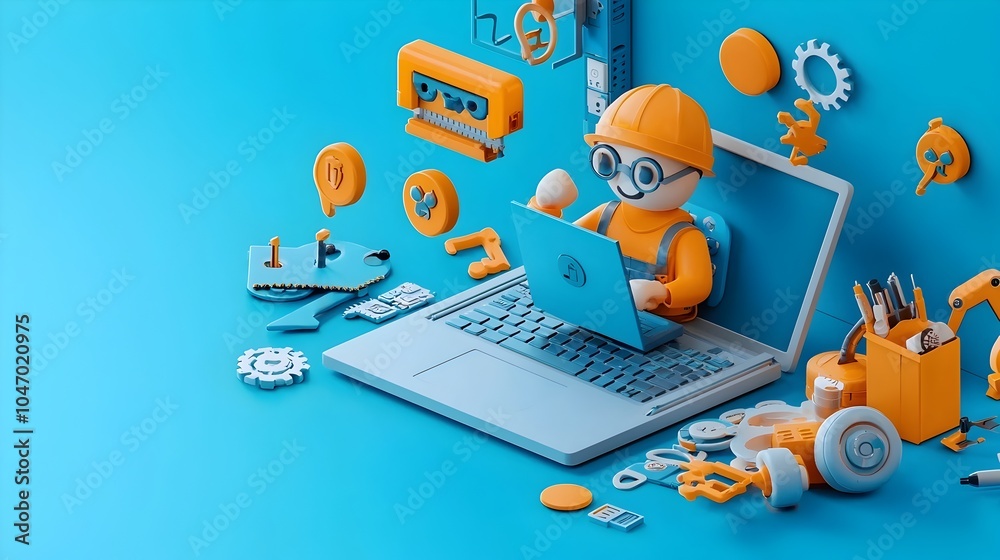 Poster of a Clay Software Engineer Debugging and Troubleshooting a Laptop Surrounded by Floating Emoji Bugs in the Digital Workplace
