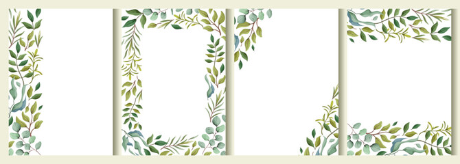 A set of green frames for weddings, greetings, wallpapers, fashion posters, backgrounds. Eucalyptus, green leaves, twigs. Vector illustration. © Юлия Викленко