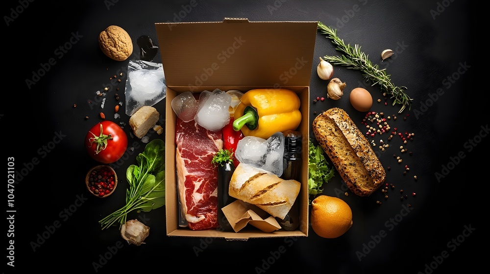 Poster opened parcel box containing perishable food products with ice packs for temperature controlled stor