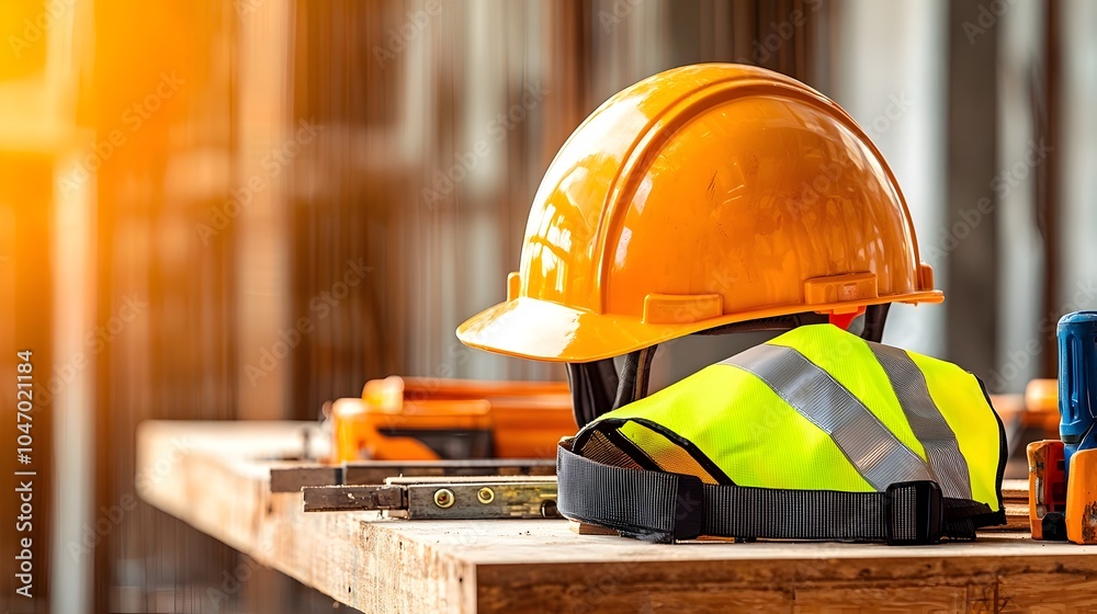 Aufkleber orderly arrangement of a protective helmet and reflective safety vest placed on a tidy workbench sho