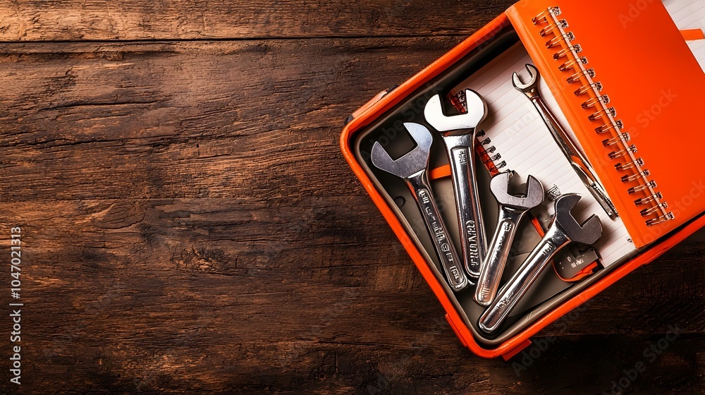 Poster Organized Toolbox Filled with Essential Engineering Tools such as Wrenches Ratchets and Engineering Notebooks for Efficient Maintenance Repairs