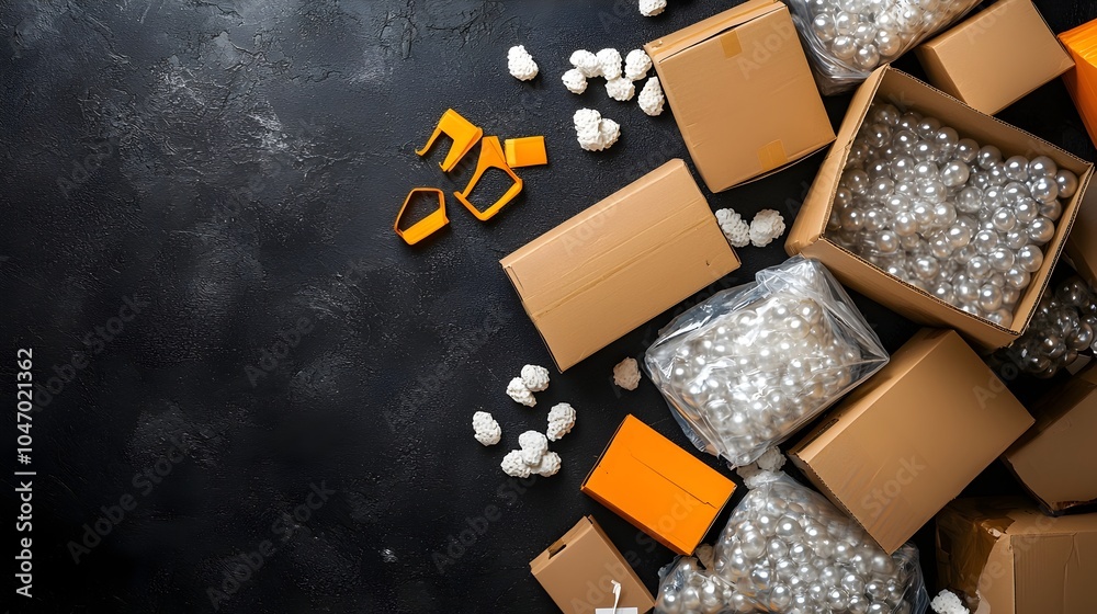Poster overhead flat lay arrangement of open cardboard boxes filled with bubble wrap packing peanuts and ot