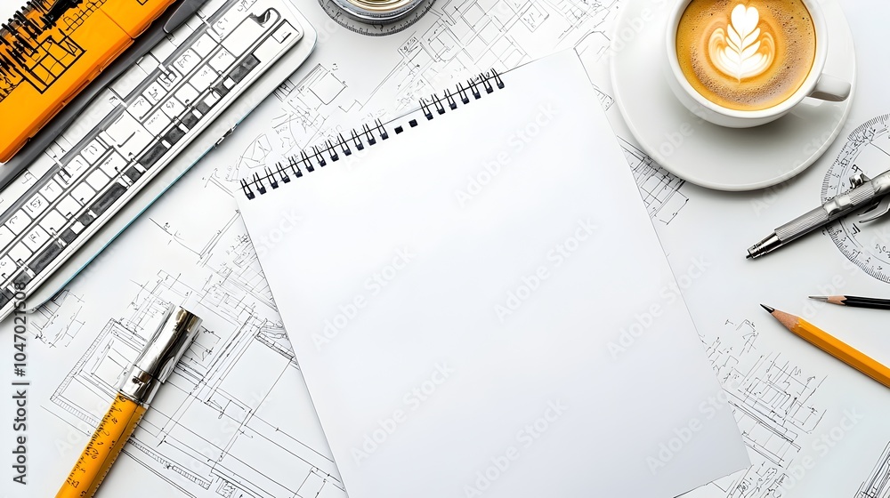 Aufkleber Organized engineering workspace with notepads drafting tools and a cup of coffee on a cluttered office desk representing creativity productivity