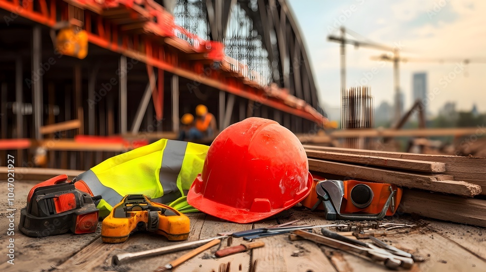 Aufkleber personal protective equipment and construction tools displayed in organized layout for an ongoing br
