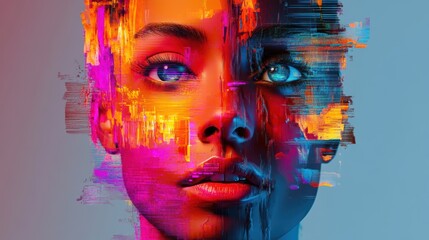 Vibrant abstract digital art portrait with distorted glitch effects and vivid colors