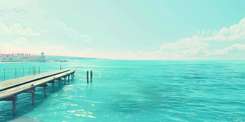 Obraz premium A vintage postcard from a European seaside town, featuring a pastel blue ocean and a wooden pier stretching into the distance.