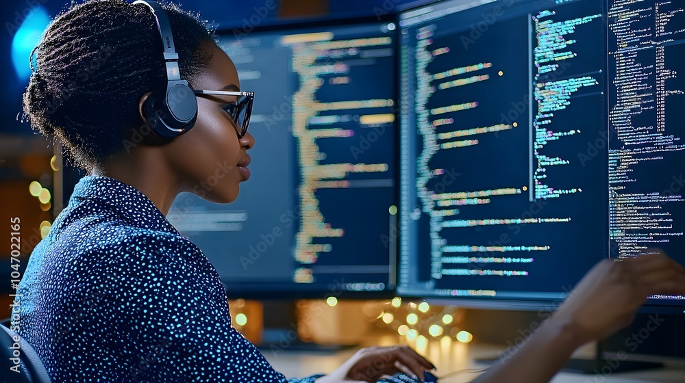 Poster portrait of a confident and determined african american female software engineer working on applicat