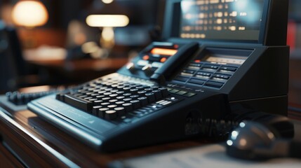 A close-up shot of a vintage stenographer's typewriter with a phone receiver on top, capturing the essence of a bygone era of office work.
