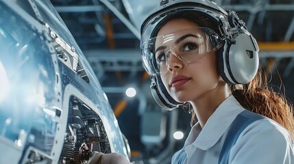 Portrait of a female aerospace engineer of mixed ethnicity examining and inspecting aircraft components in an industrial hangar or workshop setting