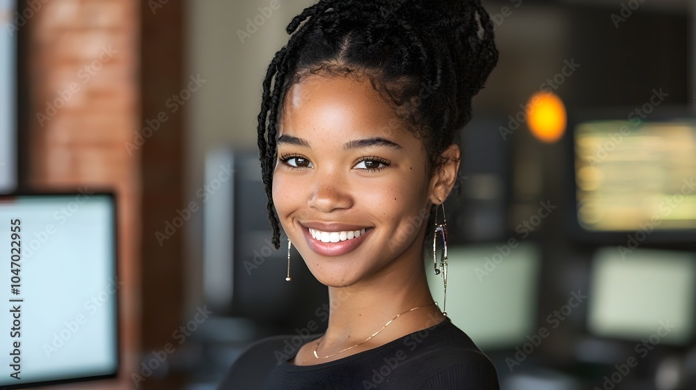 Poster portrait of a successful african american female software engineer working on applications and digit