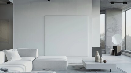 A high-tech minimalist showcase featuring a white canvas backdrop, Futuristic furniture arrangement in a smart home environment, Futuristic minimalism style
