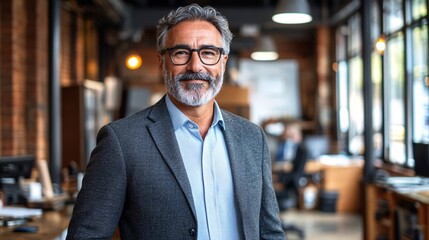 Fototapeta premium Senior executive walking through a modern office space with confident stride toward an important meeting with colleagues Stock Photo with side copy space