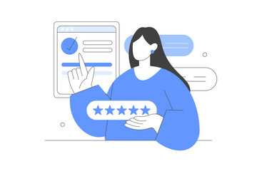 AdobFeedback and review concept. Character giving positive feedback and filling survey form. Rating scale and customer satisfaction. Vector Illustration, icon. Stylish, Minimalist line, abstract