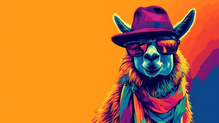Fashionable llama with a hat and colorful scarf posing confidently
