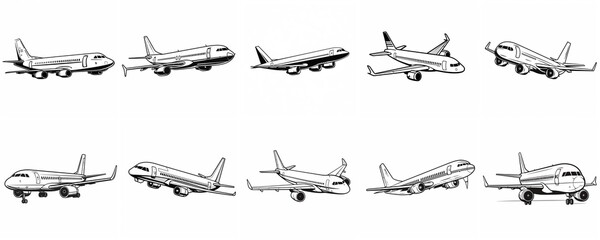 Simple black outline of an airplane clip art style minimalist icon set, 10 pcs