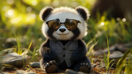 Fototapeta premium Cool panda with a stylish vest and glasses giving a trendy look