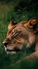 Naklejka premium Lioness sleeping peacefully in green grass close-up portrait