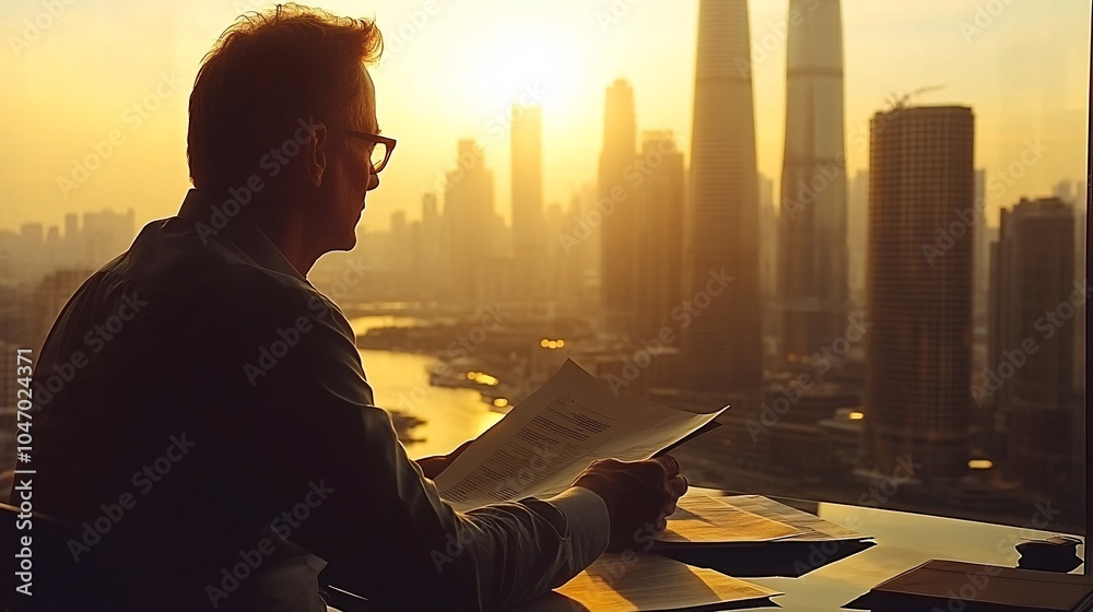 Aufkleber Senior executive reading a report at a desk with sunlight streaming through the windows creating an inspiring and serene work atmosphere Stock Photo with side copy space