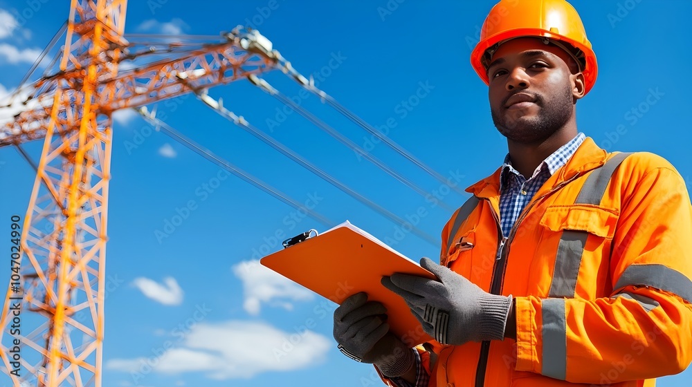 Poster professional civil engineer inspecting and evaluating urban infrastructure projects using safety equ
