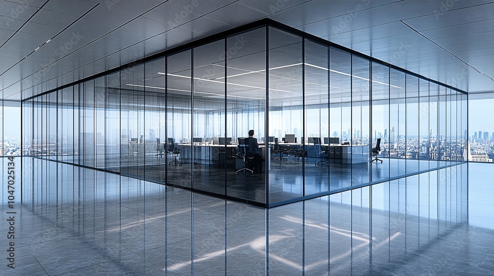 Poster Senior executive in a collaborative setting reviewing documents with a colleague in a glass-walled office space Stock Photo with side copy space