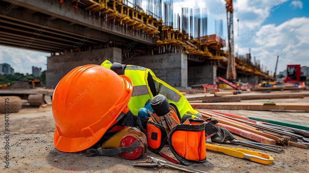 Poster protective safety equipment and construction tools laid out on a worksite in front of a partially bu