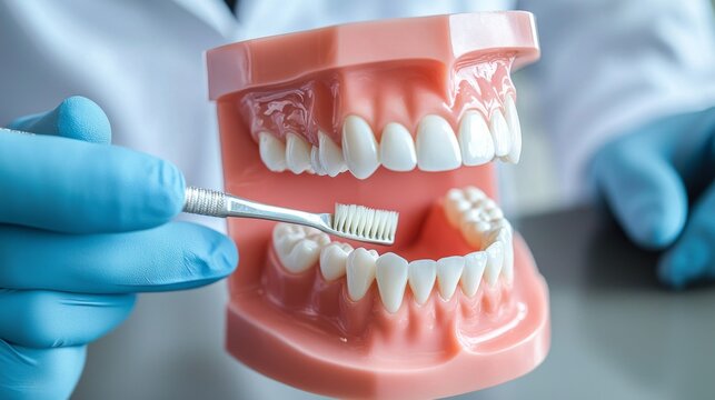 Dental Hygiene Instruction: Dentist demonstrating proper brushing techniques to patient, using model