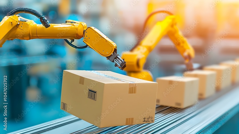Leinwandbilder Robotic Arm Precisely Placing Parcel Box Onto Automated Sorting Line in Efficient Warehouse Logistics System  Advanced Automation Technology Optimizing Inventory Management and Supply Chain