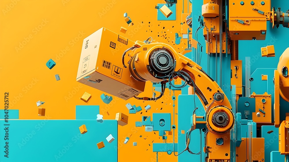 Poster robotic arm gently placing a parcel box onto a sorting conveyor belt in an efficient automated logis