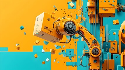 Obraz premium Robotic arm gently placing a parcel box onto a sorting conveyor belt in an efficient automated logistics and distribution center