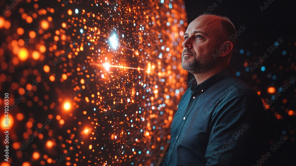 Poster senior executive standing in front of a large digital display showing business data during a high-le
