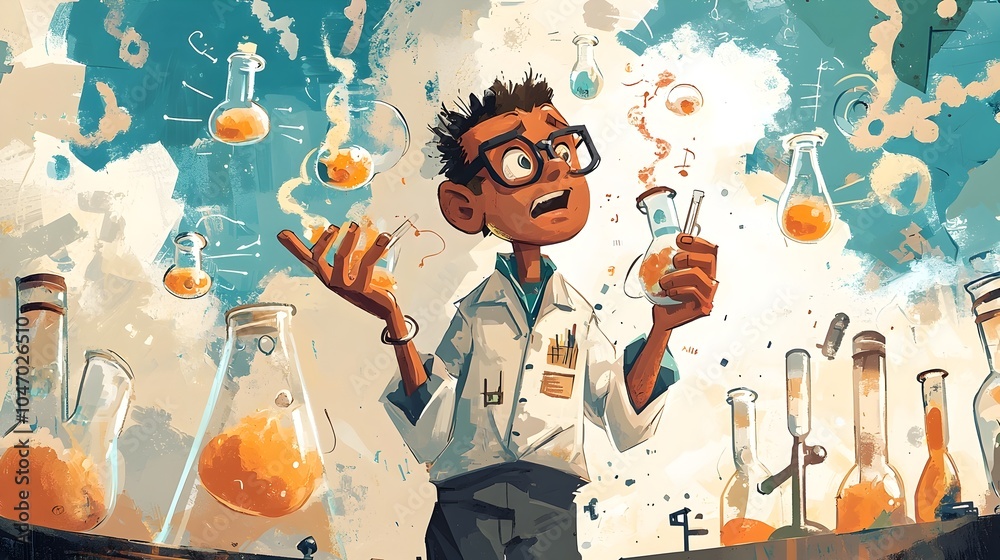Aufkleber Skilled Clay Chemical Engineer Handling Bubbling Beakers Flasks and Cartoon Gas Clouds in a Laboratory Setting Demonstrating Scientific Experiment Research and Innovation Concepts