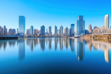Obraz premium Urban city skyline reflected in calm water