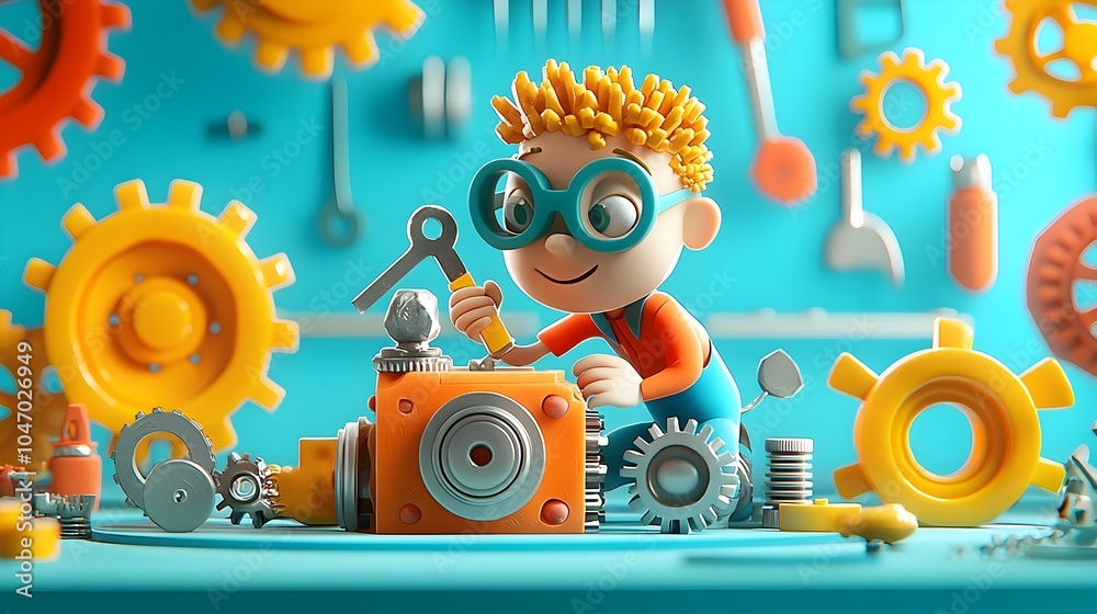 Aufkleber skilled mechanical engineer expertly repairing a vibrant gearbox with specialized clay tools in an i