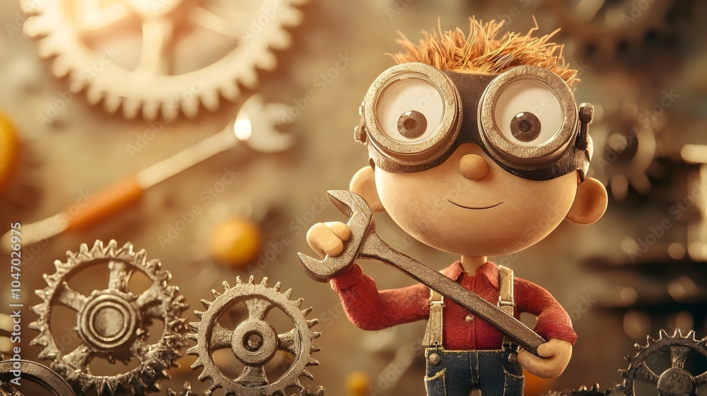 Fototapete skilled mechanical engineer operating industrial machinery and gears with wrench and protective gogg
