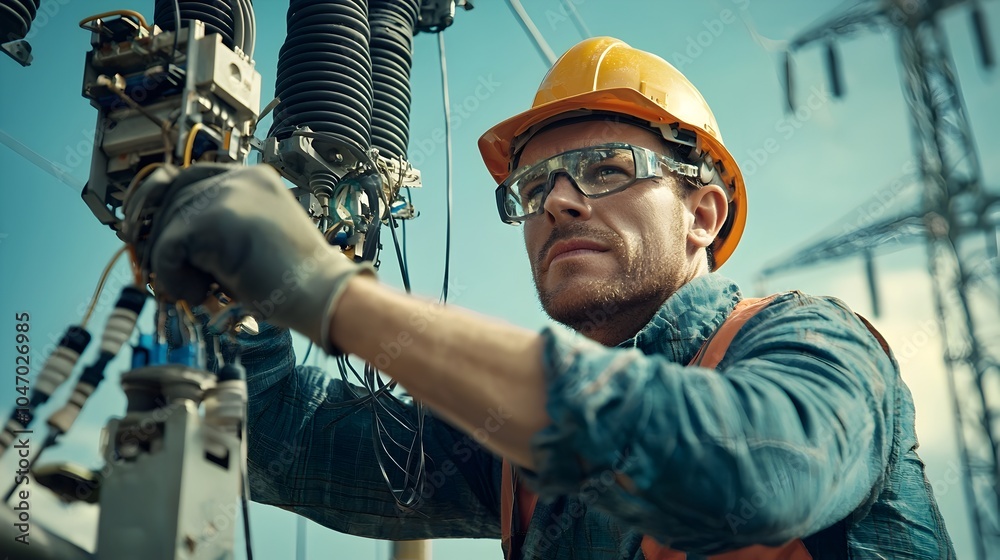 Poster skilled european electrical engineer configuring and maintaining advanced power grid control equipme