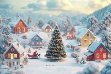 Charming Winter Village with Santa and Christmas Tree
