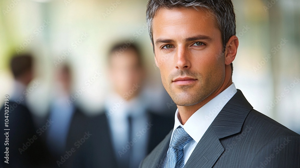 Poster senior executive walking confidently through a busy corporate office interacting with colleagues and