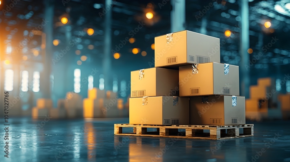 Poster stacked parcel boxes neatly arranged on wooden pallet in an organized warehouse setting depicting ef