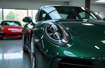 a close up view of a shiny car in a showroom with other vehicles in the background 
