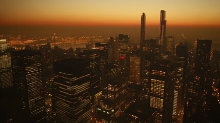 Fototapeta premium A bustling urban skyline at dusk, with skyscrapers illuminated against a fading orange sky.