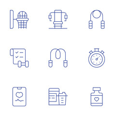 Fitness icons set. Thin Line style, editable stroke. basketball, checklist, exercise, gym station, jumping rope, protein shake, skipping rope, timer, vitamin