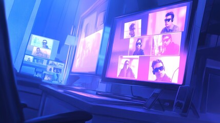 Fototapeta premium A home office with two monitors displaying video calls in a blue and pink light.