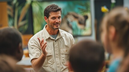 Educational Outreach: A zoologist engaging with students during a presentation about wildlife