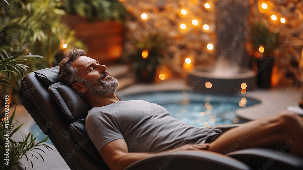 Poster senior executive reclining on a comfortable lounge chair in a luxury spa setting surrounded by seren